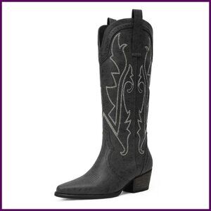 Women's Mid Calf Cowboy Boots Faux Leather Embroidered Western Chunky Heel